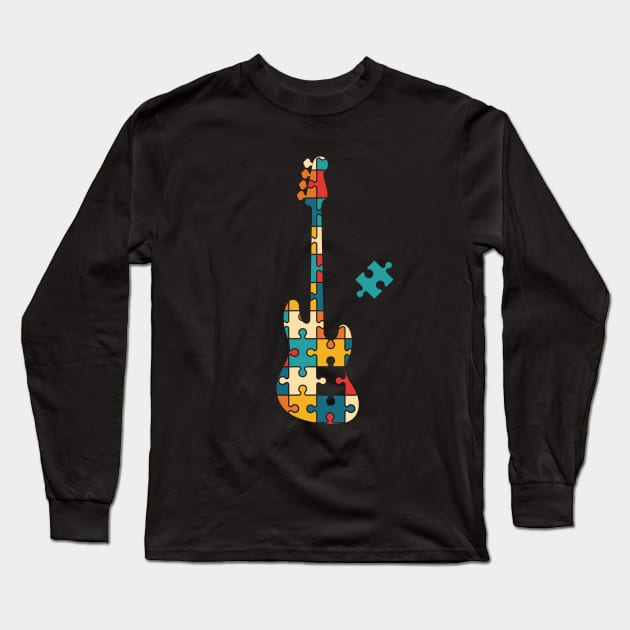 Retro Style Puzzle Bass Guitar Silhouette Long Sleeve T-Shirt by nightsworthy